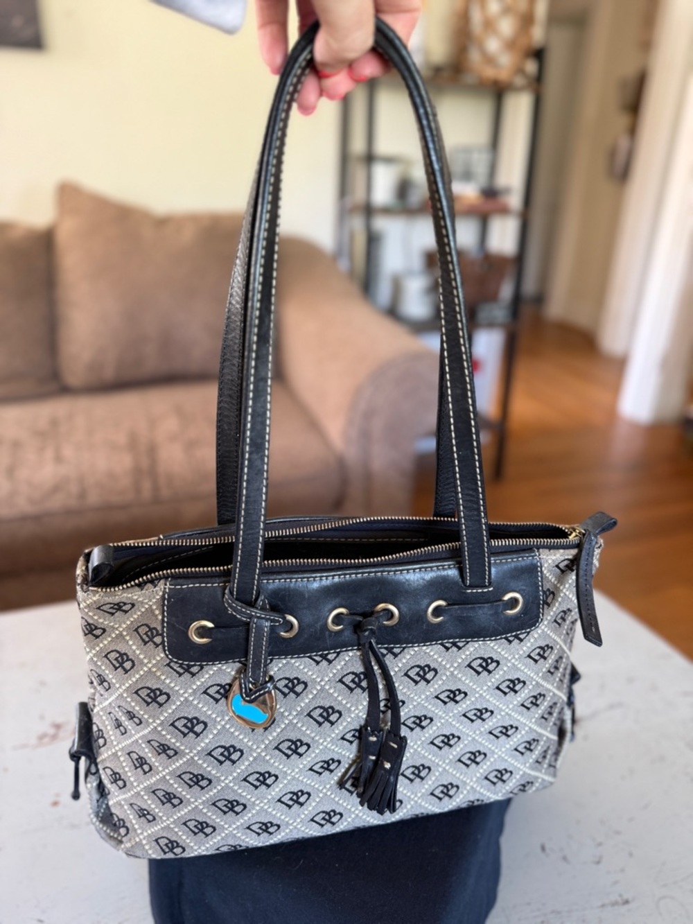 Vintage Dooney & Bourke DB Monogram Signature Tassel Tote Bag - Black/Grey
